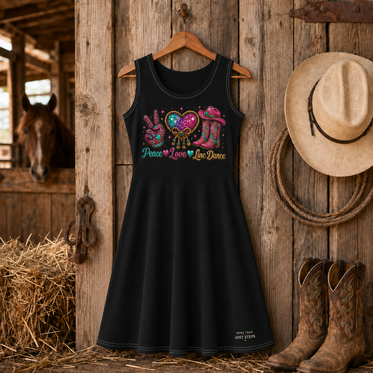 Black Peace Love Line Dance knee-length dress hanging in rustic barn with cowboy boots and hat