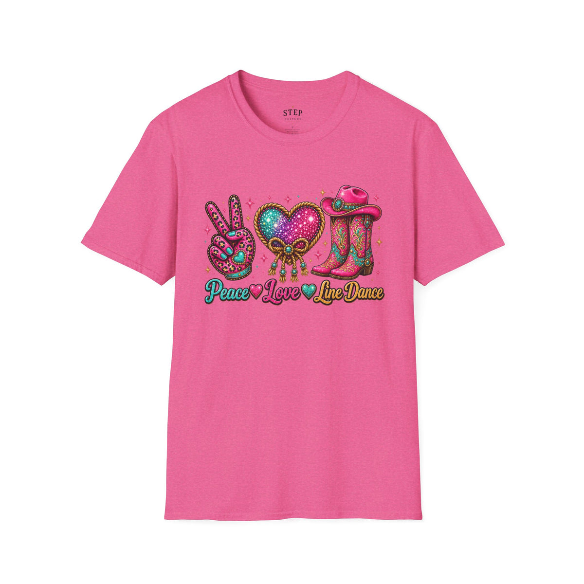 Heather Heliconia Peace Love Line Dance sparkling Western cowgirl T-shirt