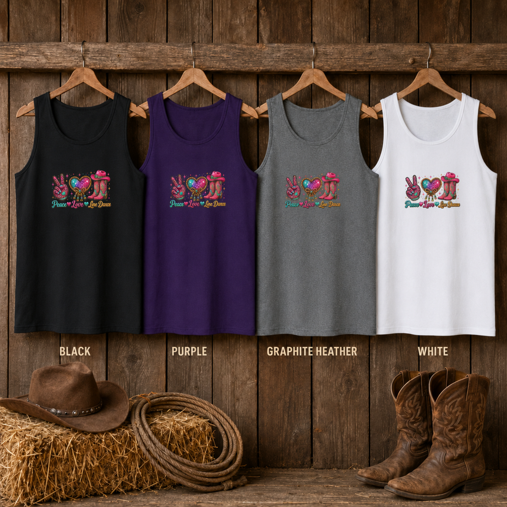 Peace Love Line Dance tanks hanging in black, purple, graphite heather and white