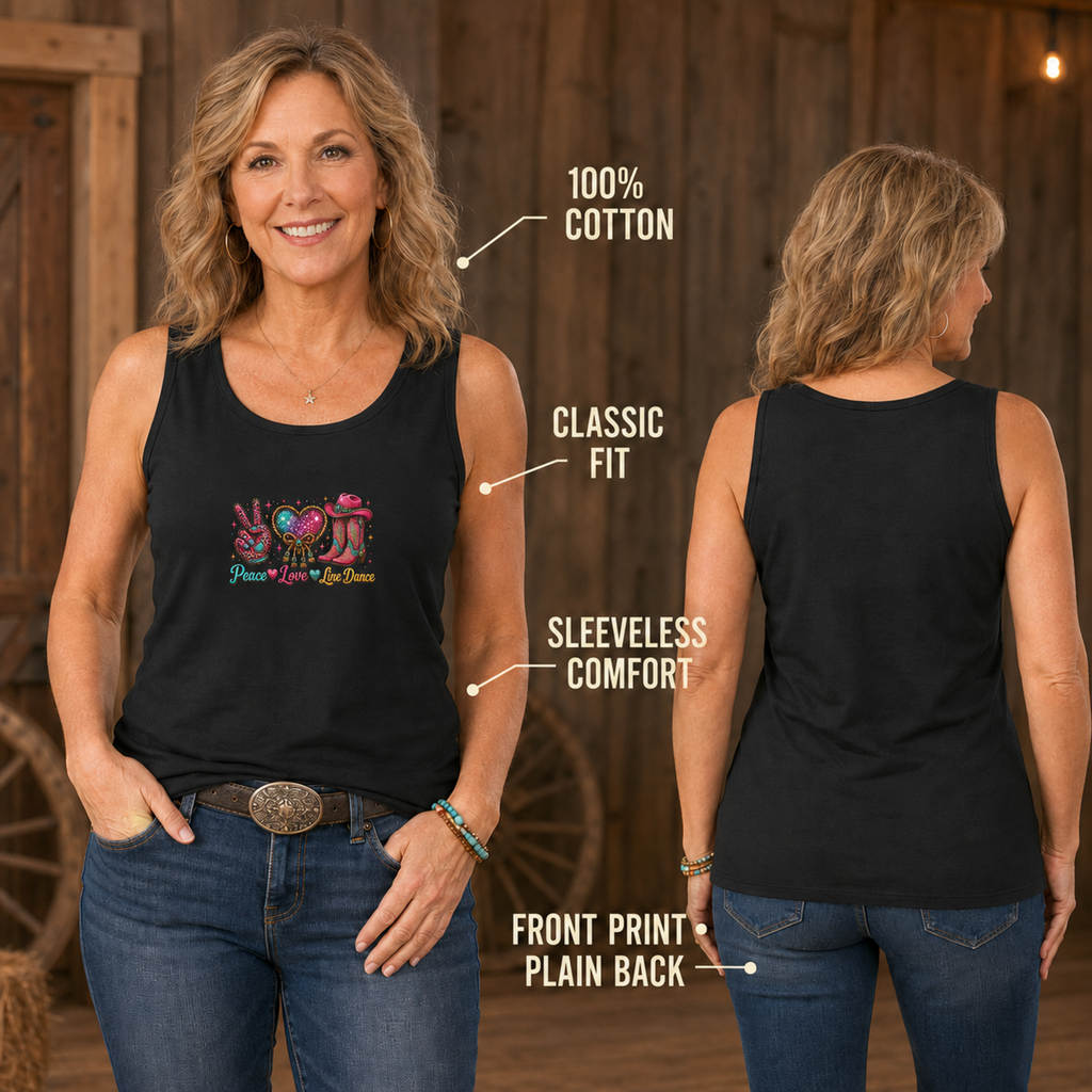 Women's Peace Love Line Dance tank front and plain back product infographic