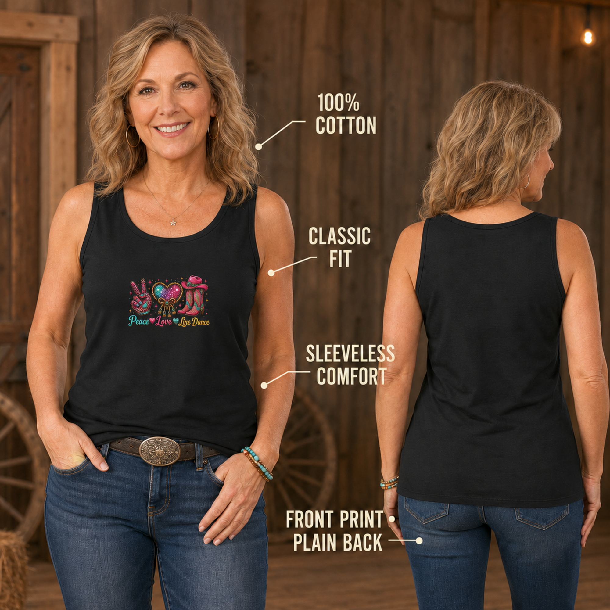 Women's Peace Love Line Dance tank front and plain back product infographic