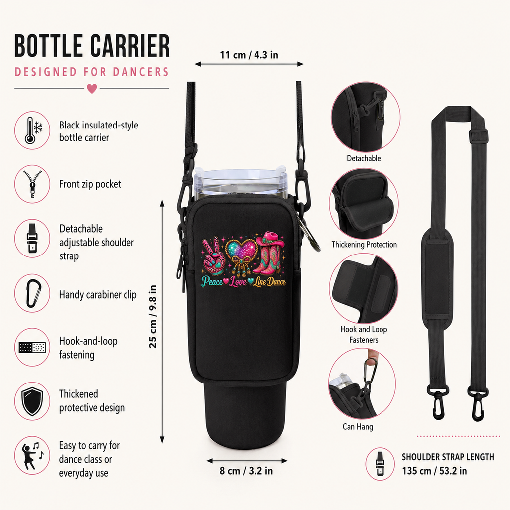 Peace Love Line Dance bottle carrier infographic showing dimensions, strap, zip pocket, clip and protective padding