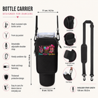 Peace Love Line Dance bottle carrier infographic showing dimensions, strap, zip pocket, clip and protective padding