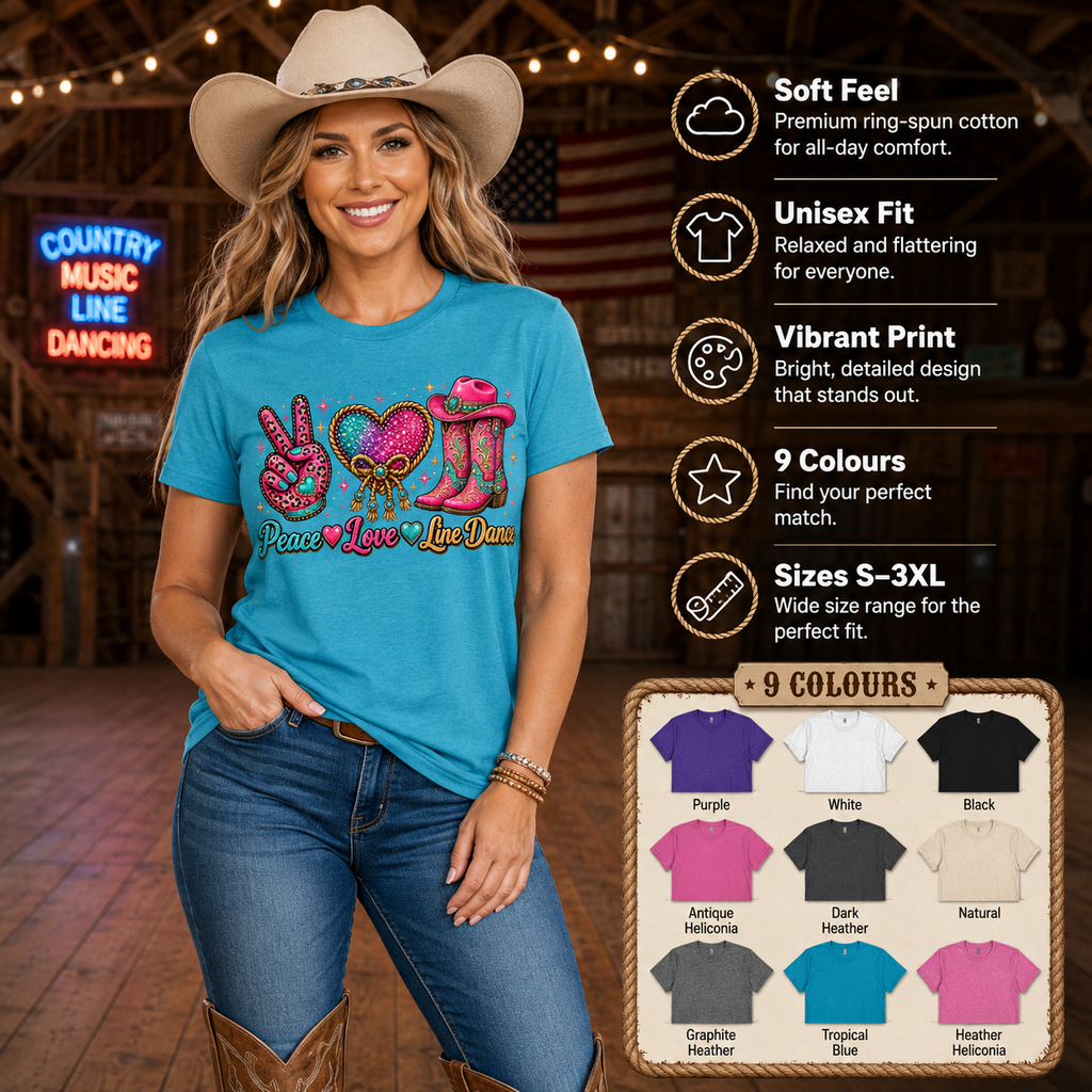 Peace Love Line Dance T-shirt infographic showing the graphic, fabric and fit