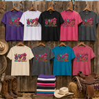 Peace Love Line Dance T-shirts displayed in available colours with Western props