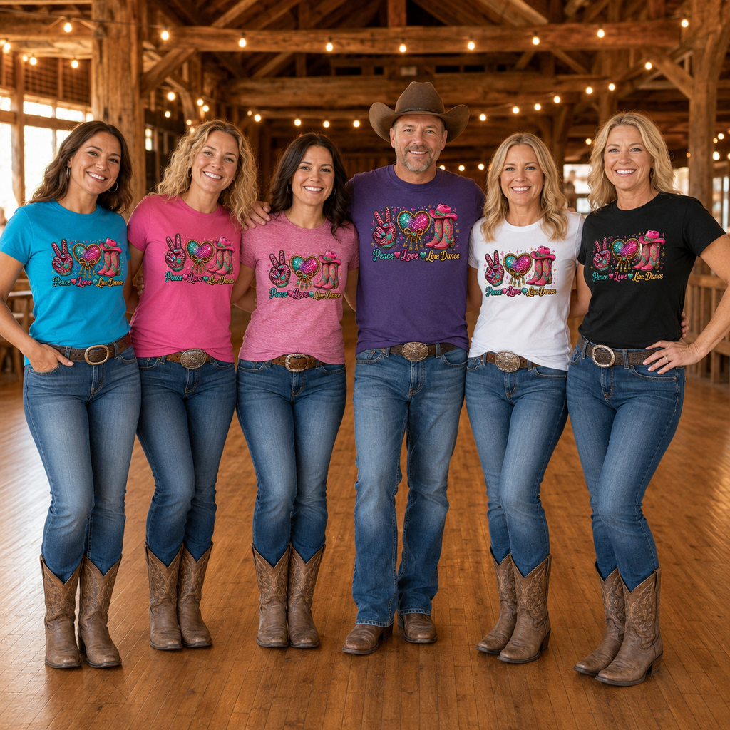 Group of women wearing Peace Love Line Dance sparkling Western T-shirts