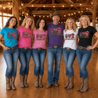Group of women wearing Peace Love Line Dance sparkling Western T-shirts