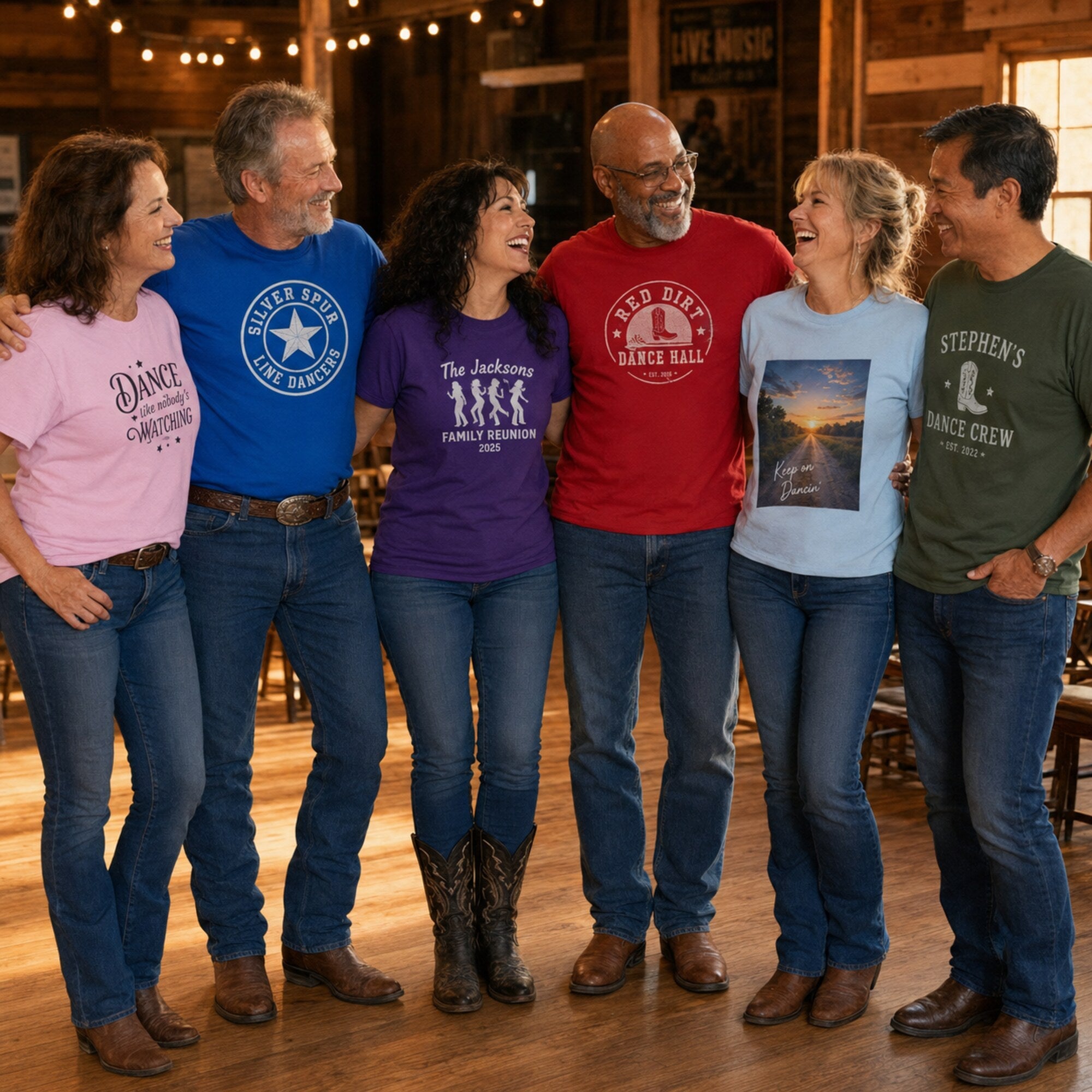 Six diverse line dancers wearing personalised Gildan 5000 T-shirts in different colours with custom front designs