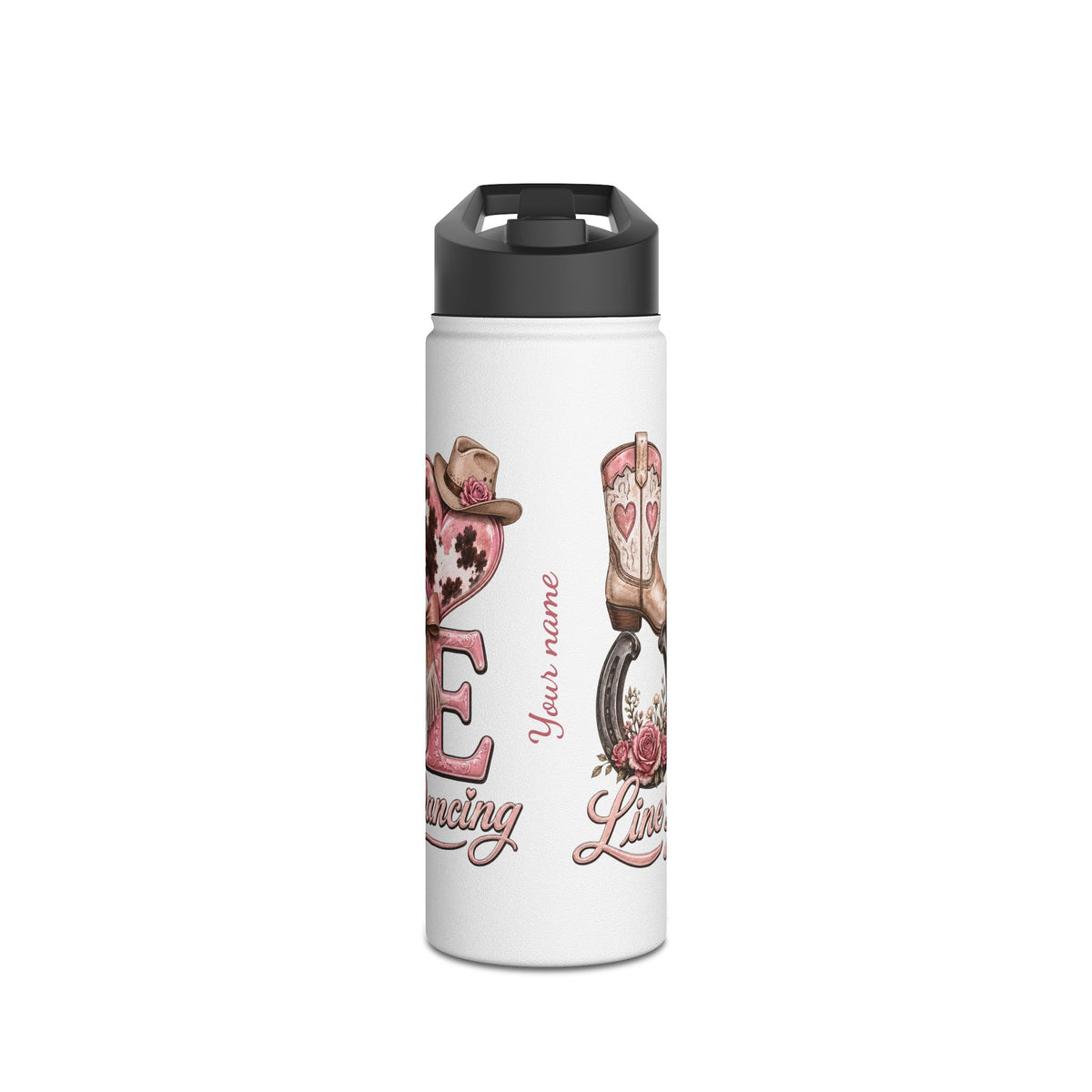 Personalised Love Line Dancing stainless steel bottle with glitter heart and custom name – product view 2