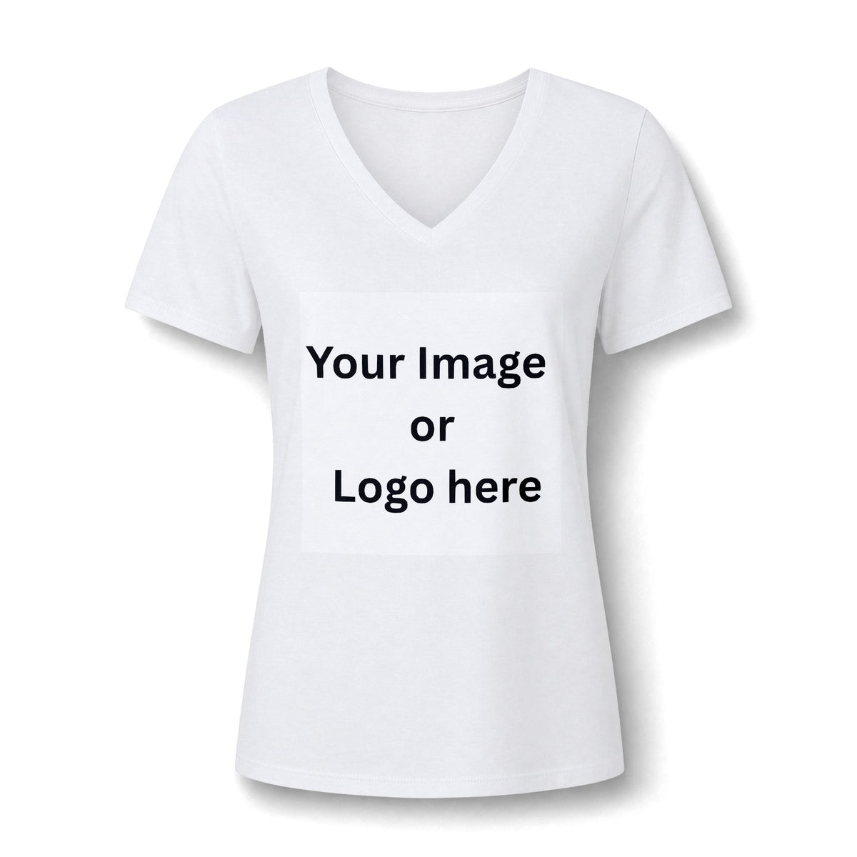 White women's relaxed V-neck T-shirt front with custom image or logo print area