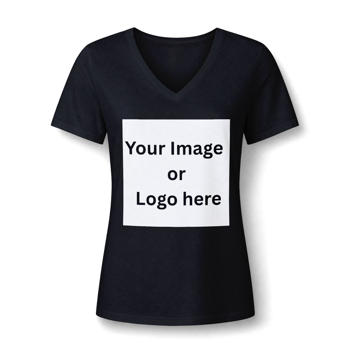 Solid black women's relaxed V-neck T-shirt front with custom image or logo print area