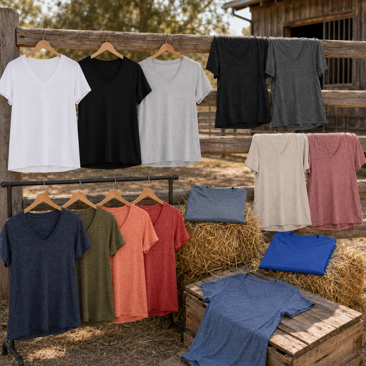 Colour range of blank personalised women's relaxed V-neck T-shirts displayed on timber rails, hangers, hay bales and a wooden crate