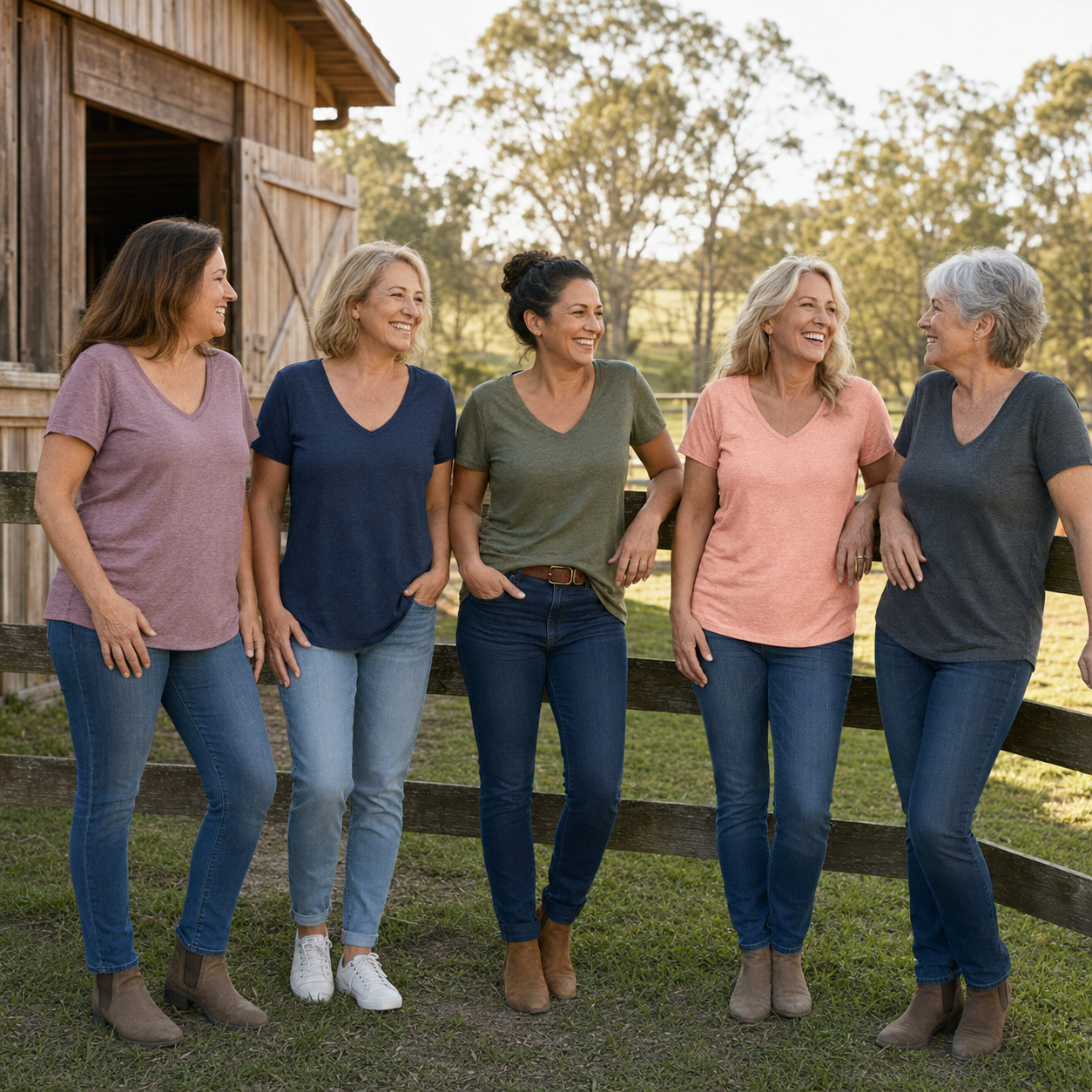 Five women wearing blank personalised relaxed V-neck T-shirts in mauve, navy, olive, peach and dark grey at a country stable