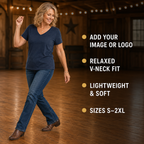 Personalised women's relaxed V-neck T-shirt infographic showing custom image or logo option, lightweight soft fabric and sizes S to 2XL