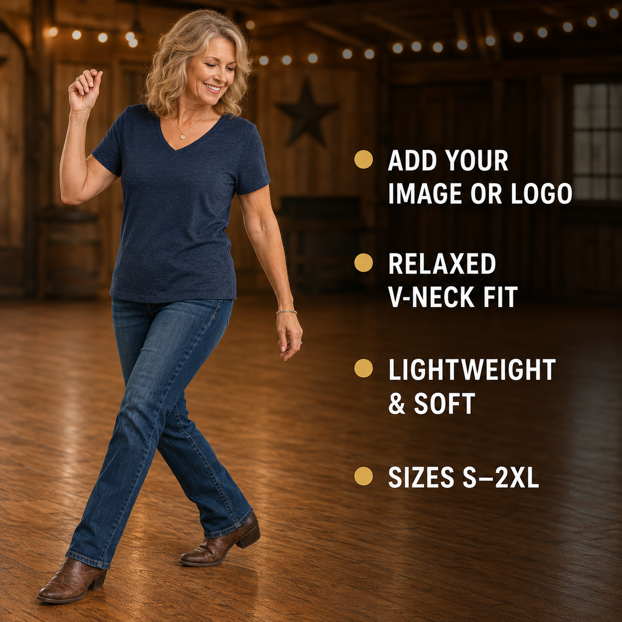 Personalised women's relaxed V-neck T-shirt infographic showing custom image or logo option, lightweight soft fabric and sizes S to 2XL