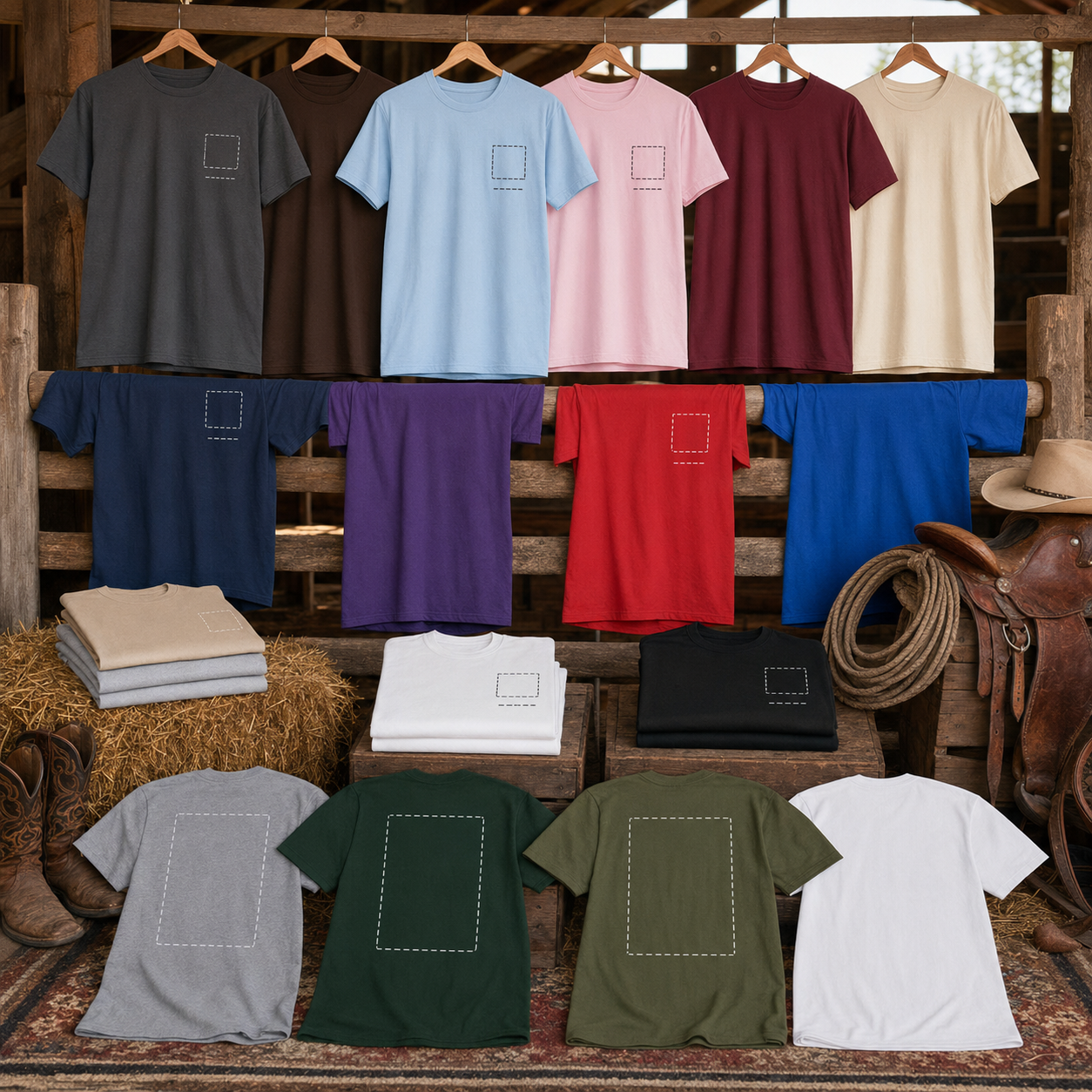Gildan 5000 personalized T-shirt colour range displayed in a rustic stable with print placeholders