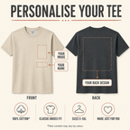 Personalized Gildan 5000 T-shirt infographic showing pocket image, name and back design placement