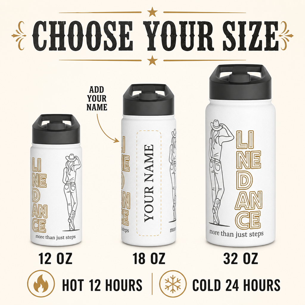 Personalized line dance water bottle size infographic showing 12 oz, 18 oz and 32 oz bottles with custom name placement