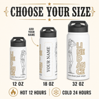 Personalized line dance water bottle size infographic showing 12 oz, 18 oz and 32 oz bottles with custom name placement