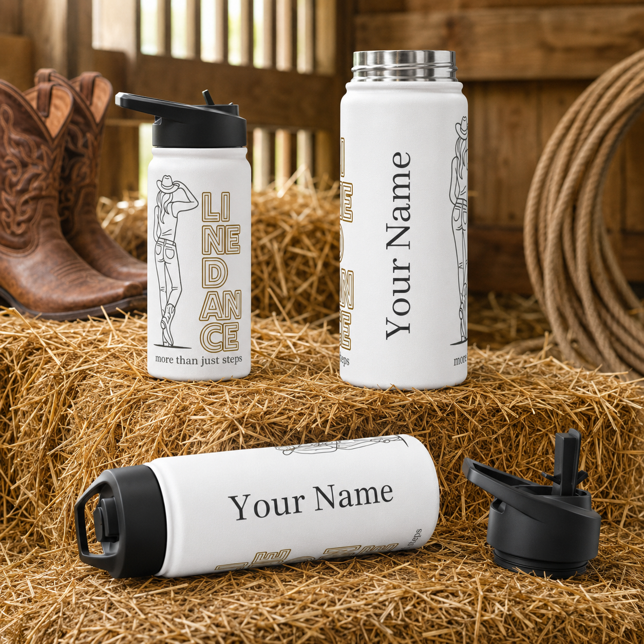 Three personalized line dance water bottles on hay bales showing artwork, name placement and removable black lid