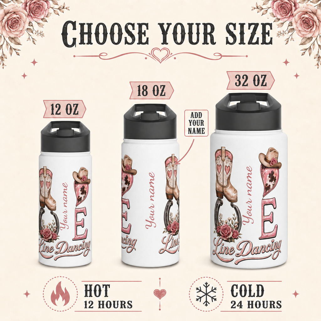 Size guide for 12 oz, 18 oz and 32 oz personalized Love Line Dancing bottles showing the pink script name placement