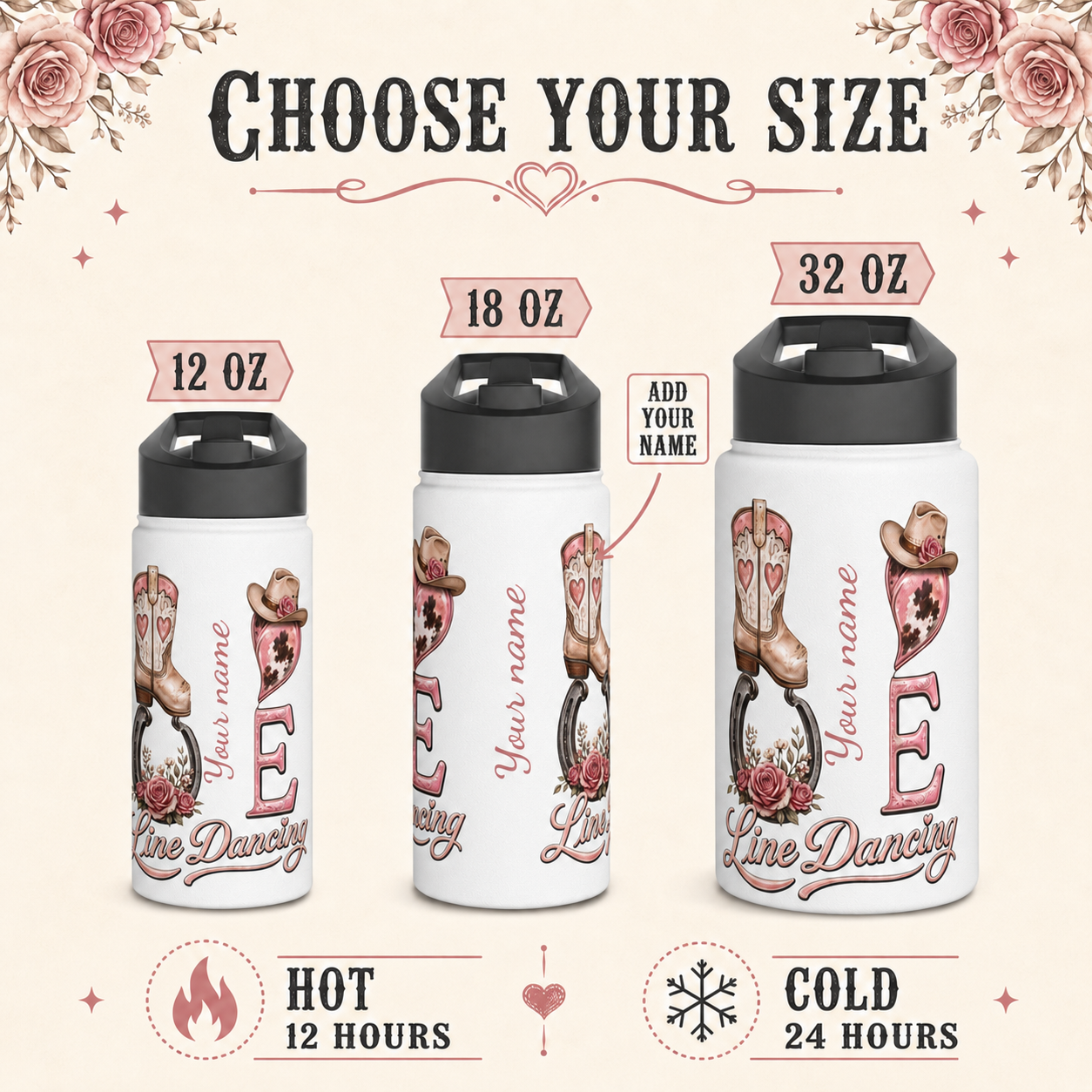 Size guide for 12 oz, 18 oz and 32 oz personalized Love Line Dancing bottles showing the pink script name placement
