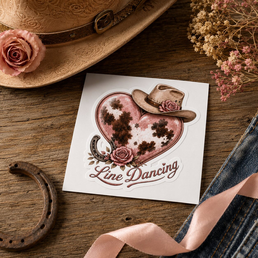 Pink cowhide heart Line Dancing sticker on its backing beside a cowboy hat, horseshoe and ribbon