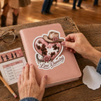 Woman applying a pink cowgirl heart Line Dancing sticker to a blush planner at a country dance hall