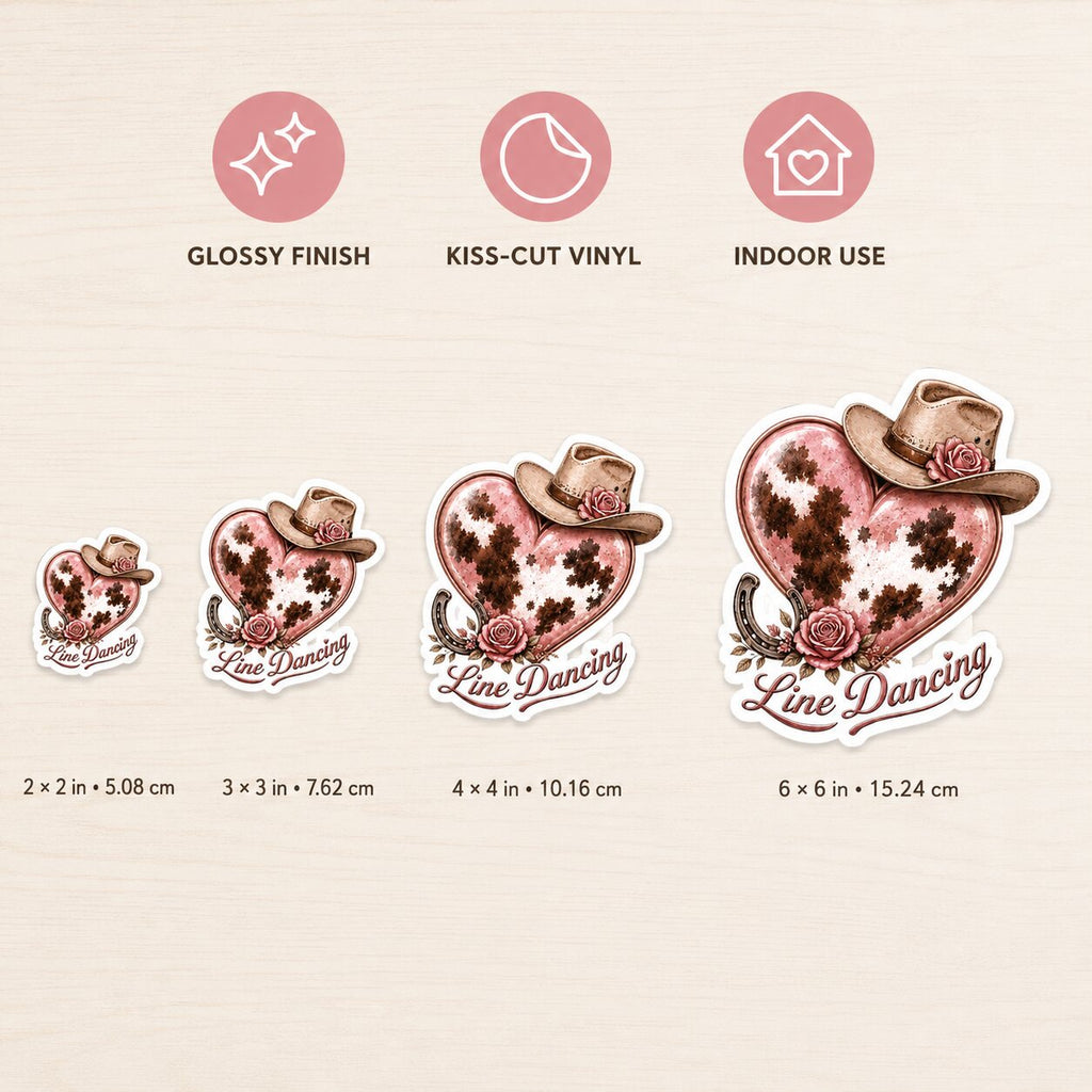 Pink cowgirl heart Line Dancing kiss-cut sticker size guide showing 2, 3, 4 and 6 inch options