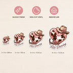 Pink cowgirl heart Line Dancing kiss-cut sticker size guide showing 2, 3, 4 and 6 inch options