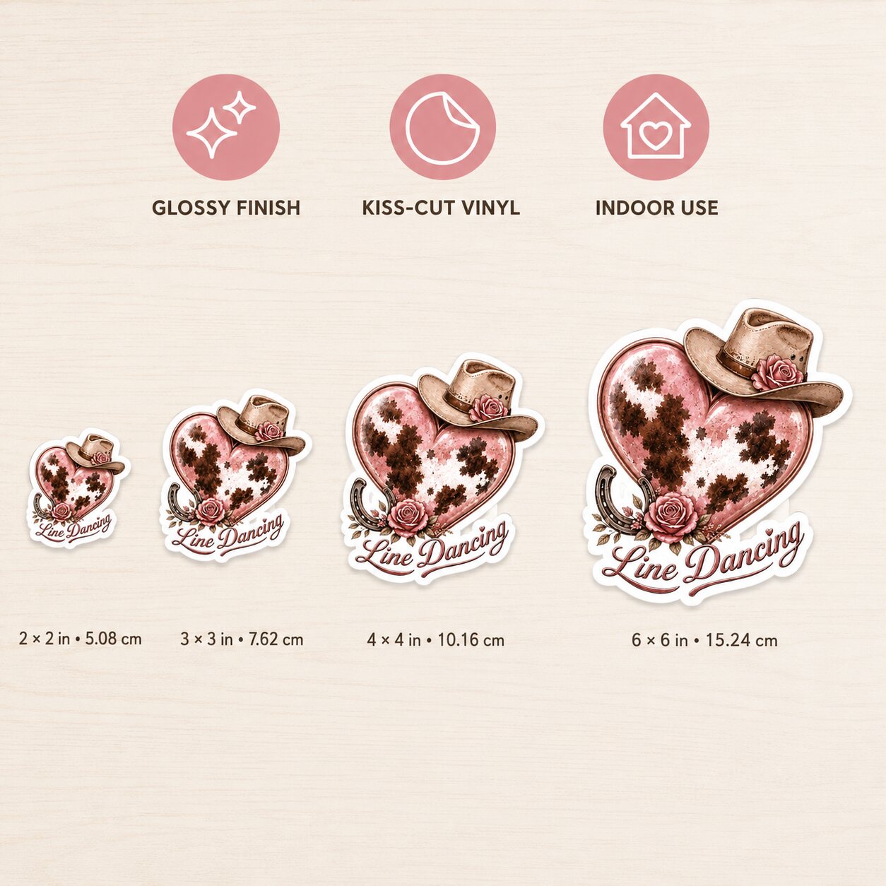 Pink cowgirl heart Line Dancing kiss-cut sticker size guide showing 2, 3, 4 and 6 inch options