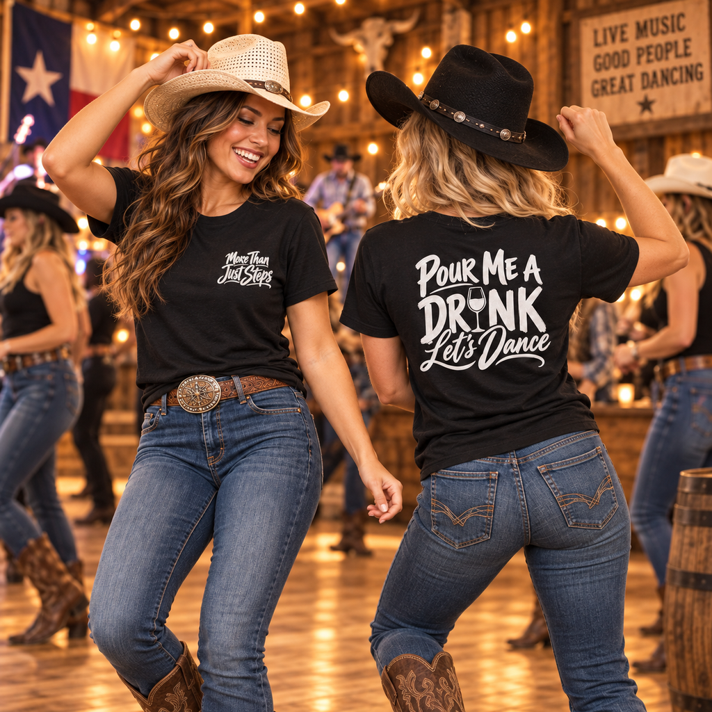 Women line dancing in black Pour Me a Drink Let’s Dance cotton T-shirts showing front chest and back designs