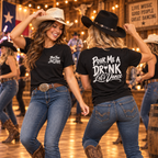 Women line dancing in black Pour Me a Drink Let’s Dance cotton T-shirts showing front chest and back designs