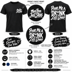 Pour Me a Drink Let’s Dance men’s and women’s cotton T-shirt infographic showing front chest print, back print, black and navy colours, sizes S to 5XL and product features