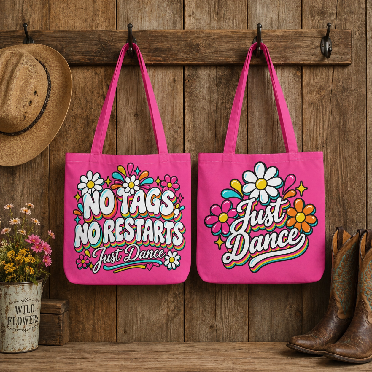 Retro line dancing tote bag hanging front and back in a rustic western setting