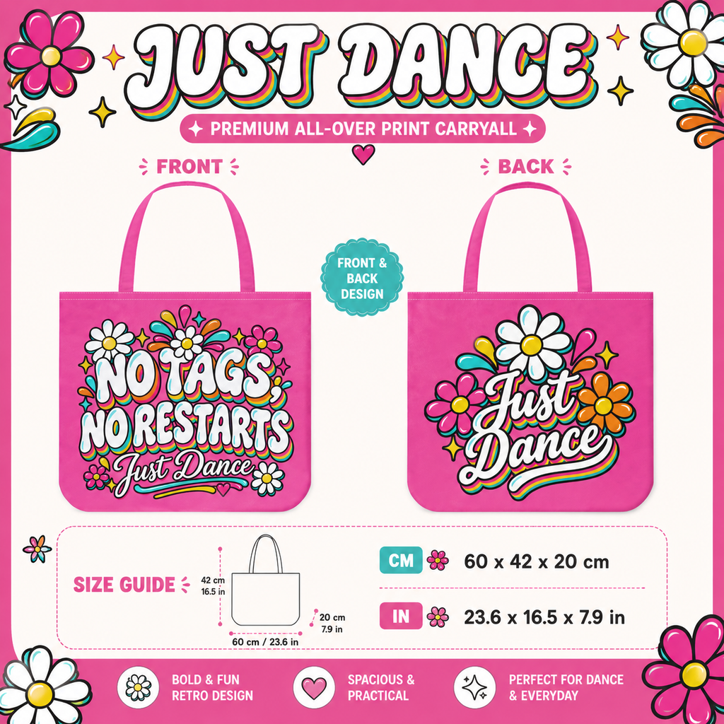 Retro line dancing tote bag infographic showing front and back artwork and product size