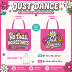 Retro line dancing tote bag infographic showing front and back artwork and product size