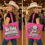 Retro line dancing tote bag carried by a line dancer showing front and back designs
