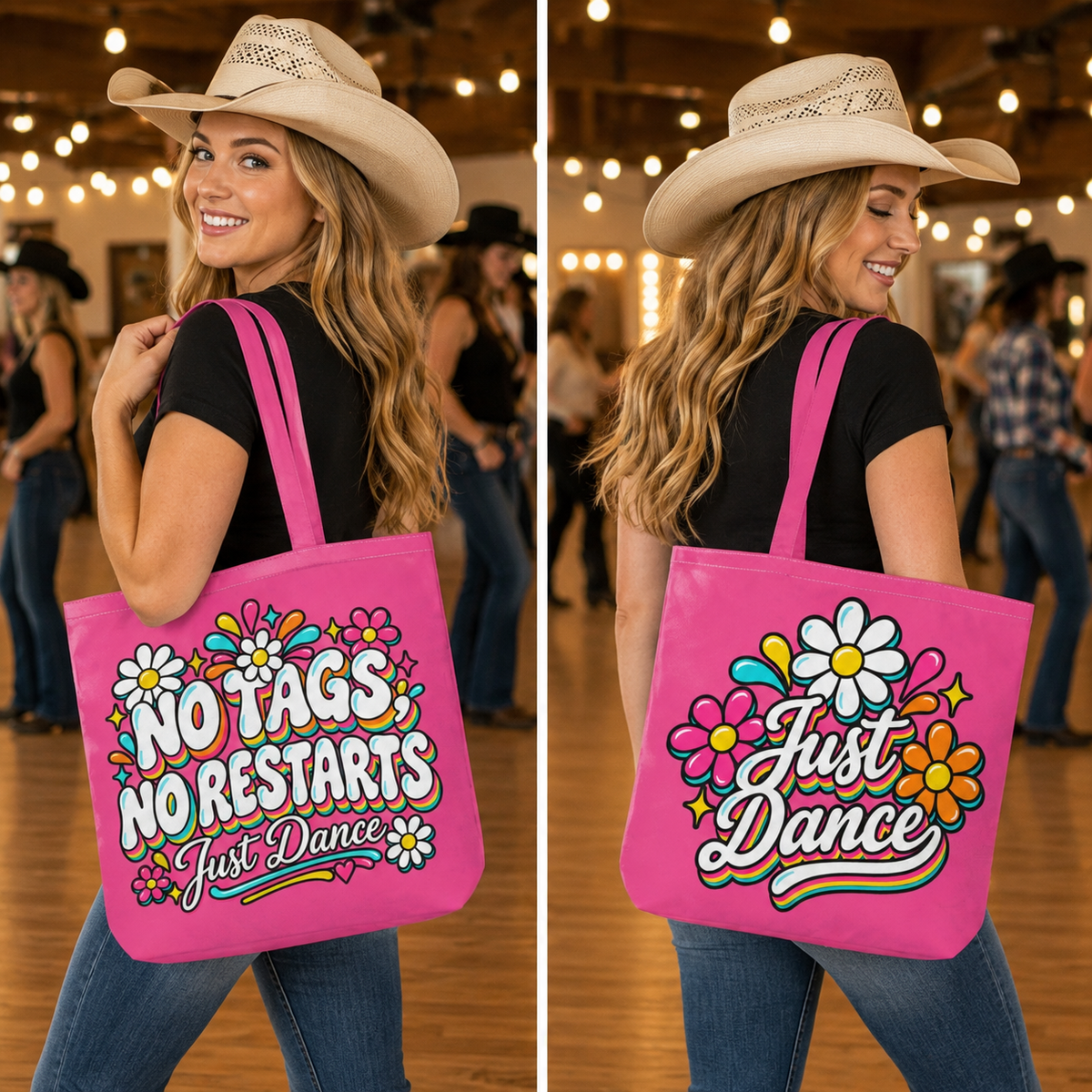 Retro line dancing tote bag carried by a line dancer showing front and back designs