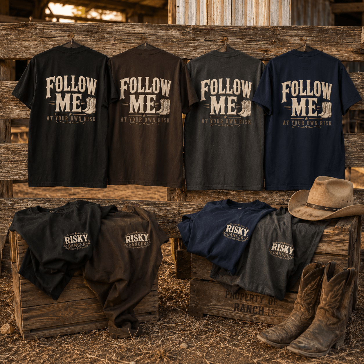 Risky Dancer T-shirts folded in a western lifestyle display