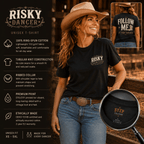 Risky Dancer line dancing T-shirt infographic showing front and back designs