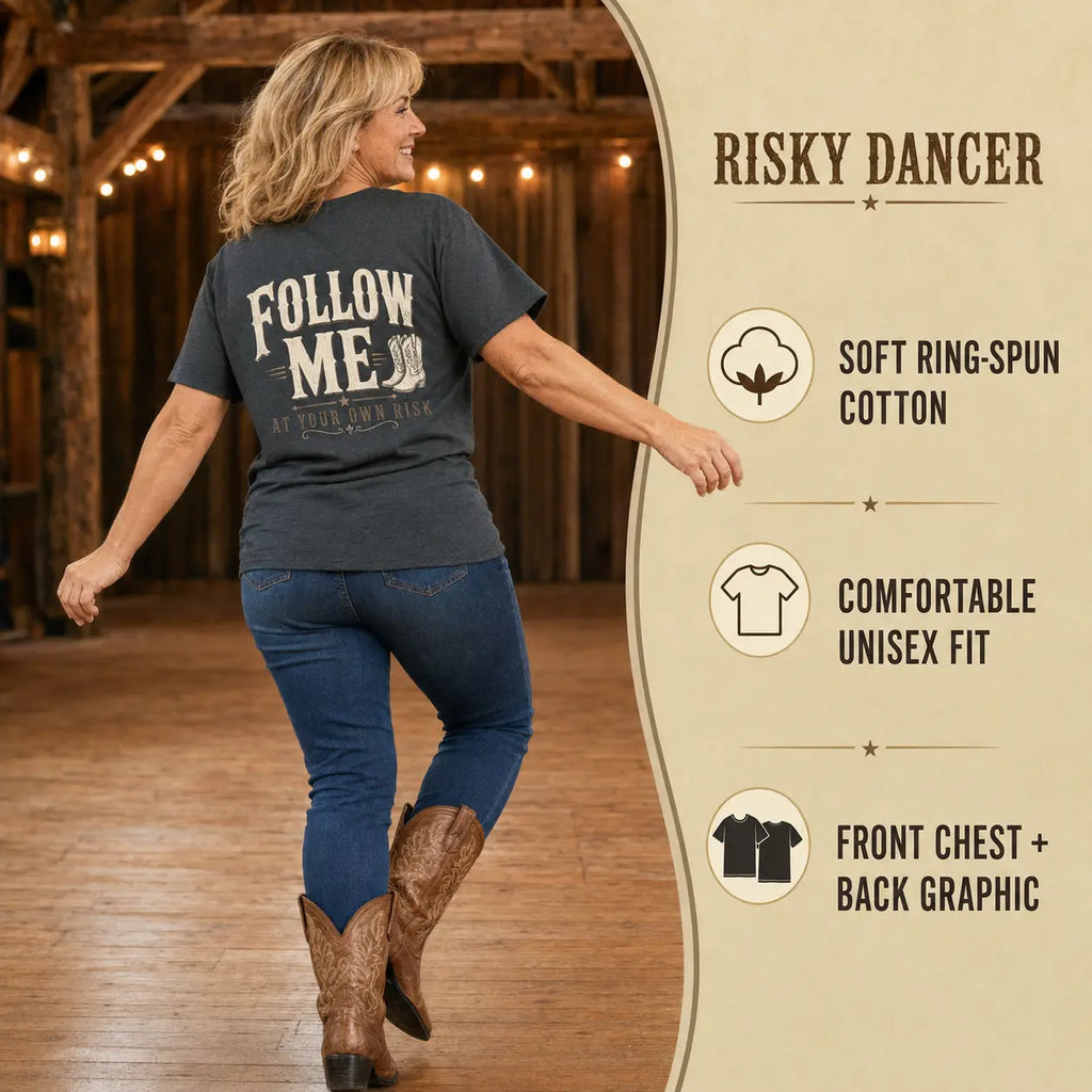 Risky Dancer T-shirt worn by a line dancer with comfort and design highlights