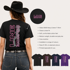 Line Dance Cowgirl T-shirt lifestyle image showing the pink Western line dance graphic on Gildan 5000 tees in black, purple, navy and brown.