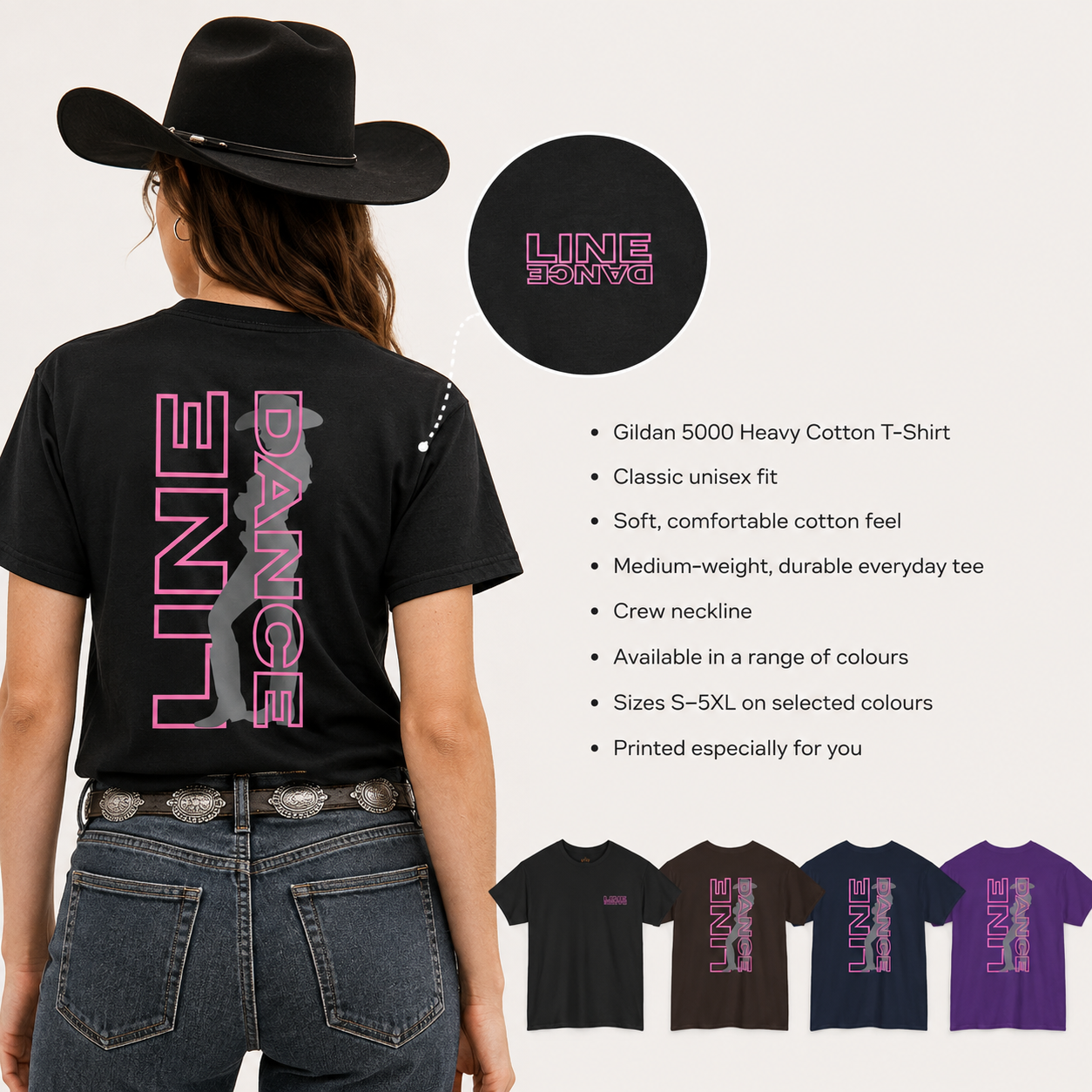 Line Dance Cowgirl T-shirt lifestyle image showing the pink Western line dance graphic on Gildan 5000 tees in black, purple, navy and brown.