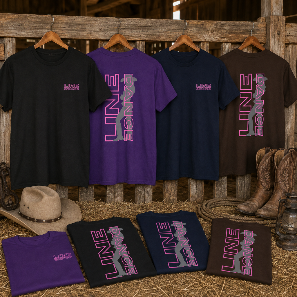 Line Dance Cowgirl T-shirt lifestyle image showing the pink Western line dance graphic on Gildan 5000 tees in black, purple, navy and brown.