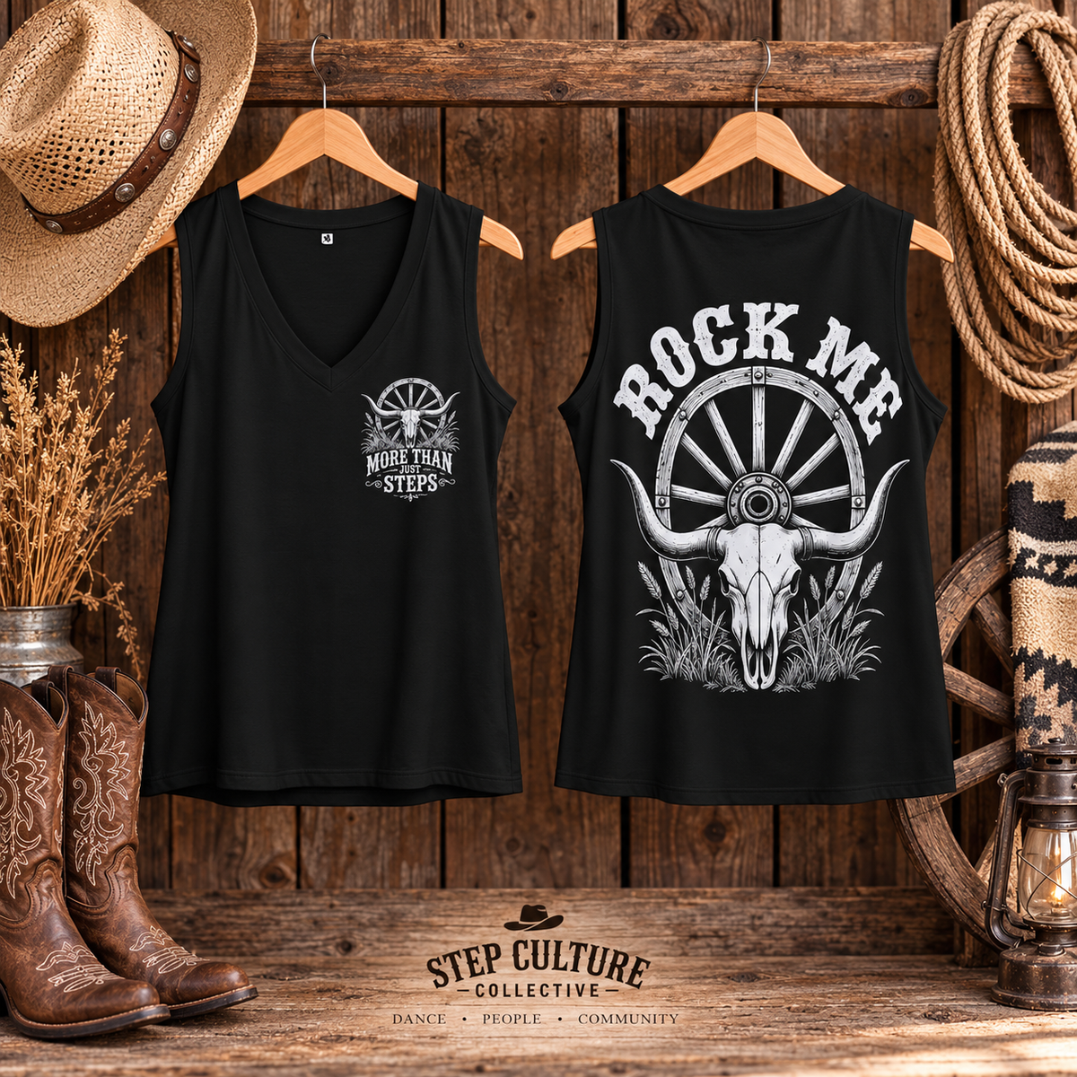 Front view of the Rock Me women’s V-neck line dancing tank top