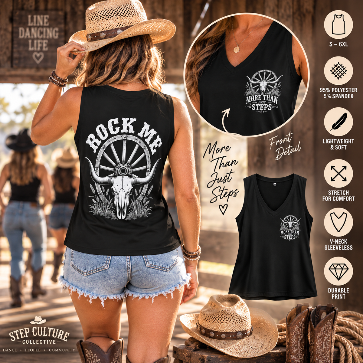 Back view of the Rock Me women’s tank top with More Than Just Steps Western design
