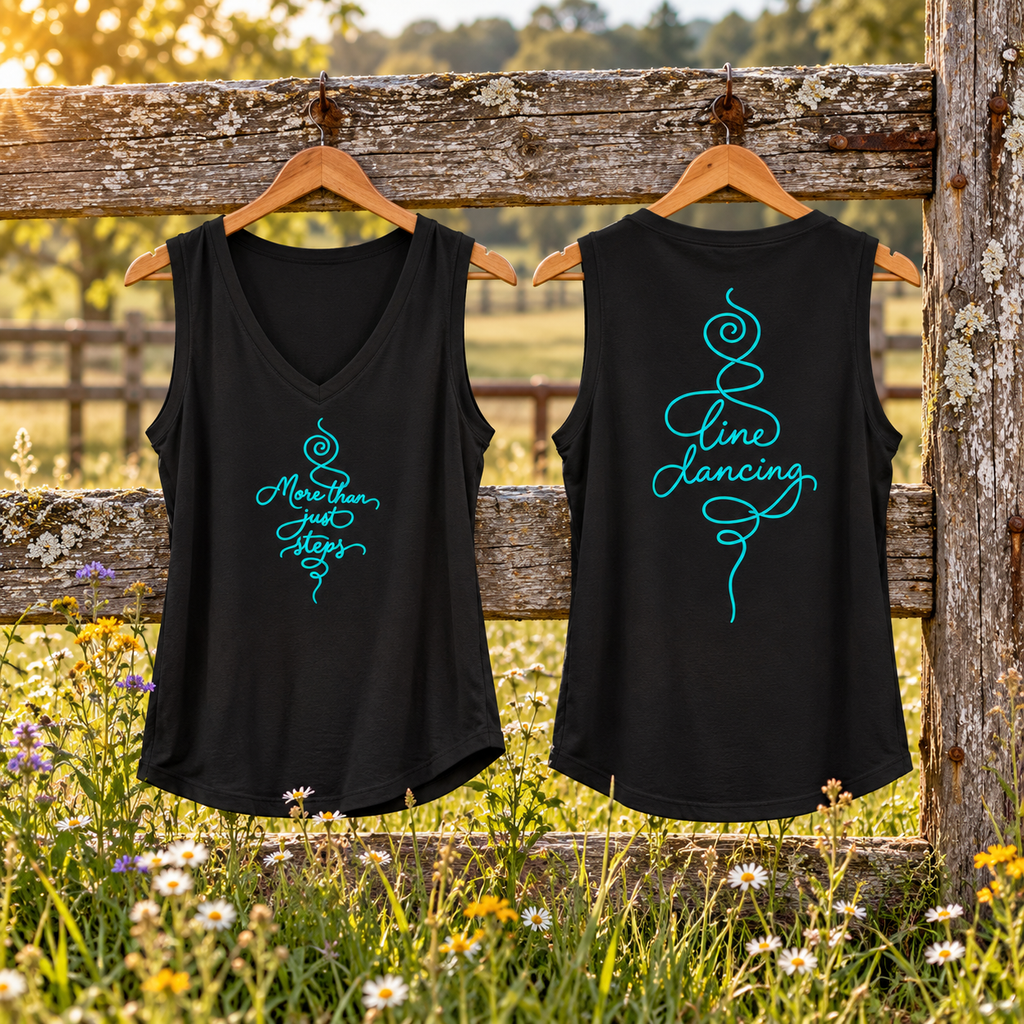 Line Dancing Women’s V-Neck Tank Top front and back on rustic fence with wildflowers