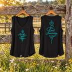 Line Dancing Women’s V-Neck Tank Top front and back on rustic fence with wildflowers