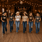 Line dancer wearing the longhorn skull and floral western graphic T-shirt